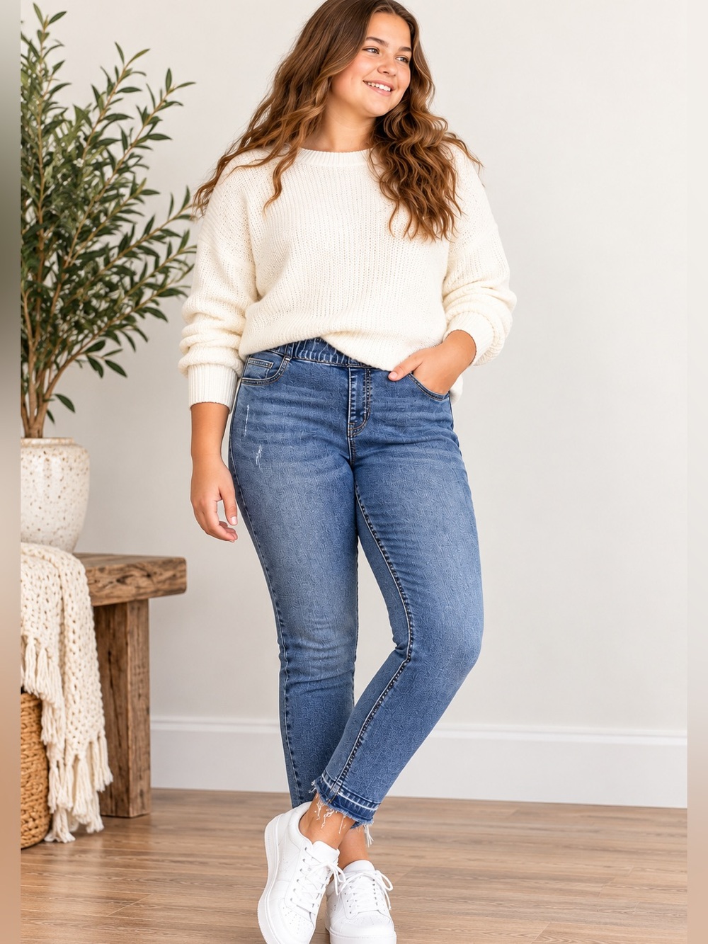 Justice Girls Plus Size 20 Pull On Skinny Jeans Raw Hem Stretch Denim 27”